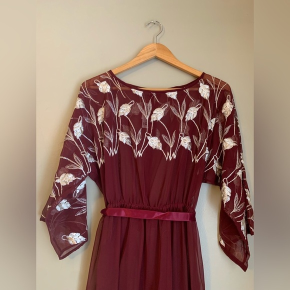 70s Victor Costa Maxi Dress sheer embroidered belted buttons down the back - Picture 2 of 11